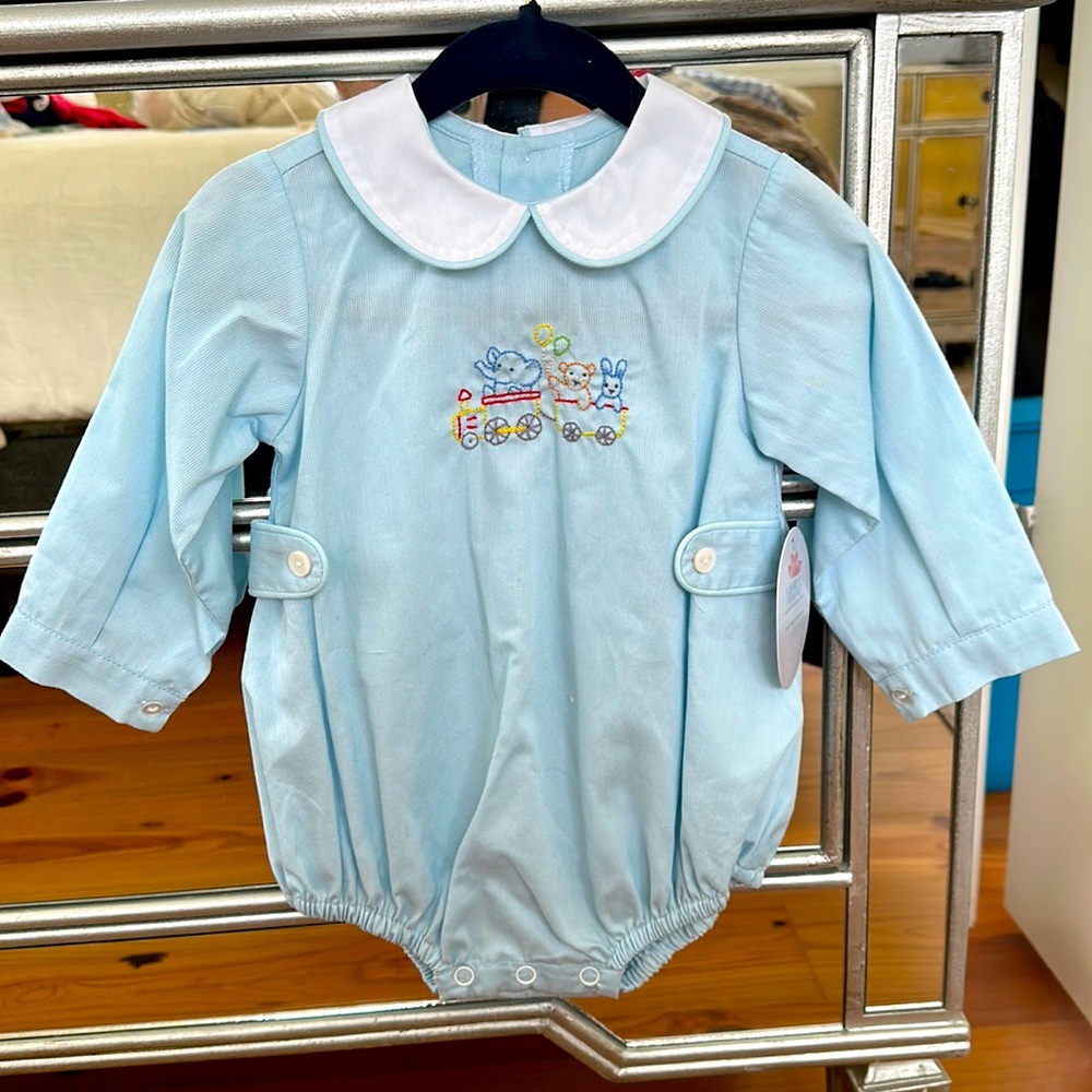 NWT Remember Nguyen Baby boy blue 9M embroidered train bubble